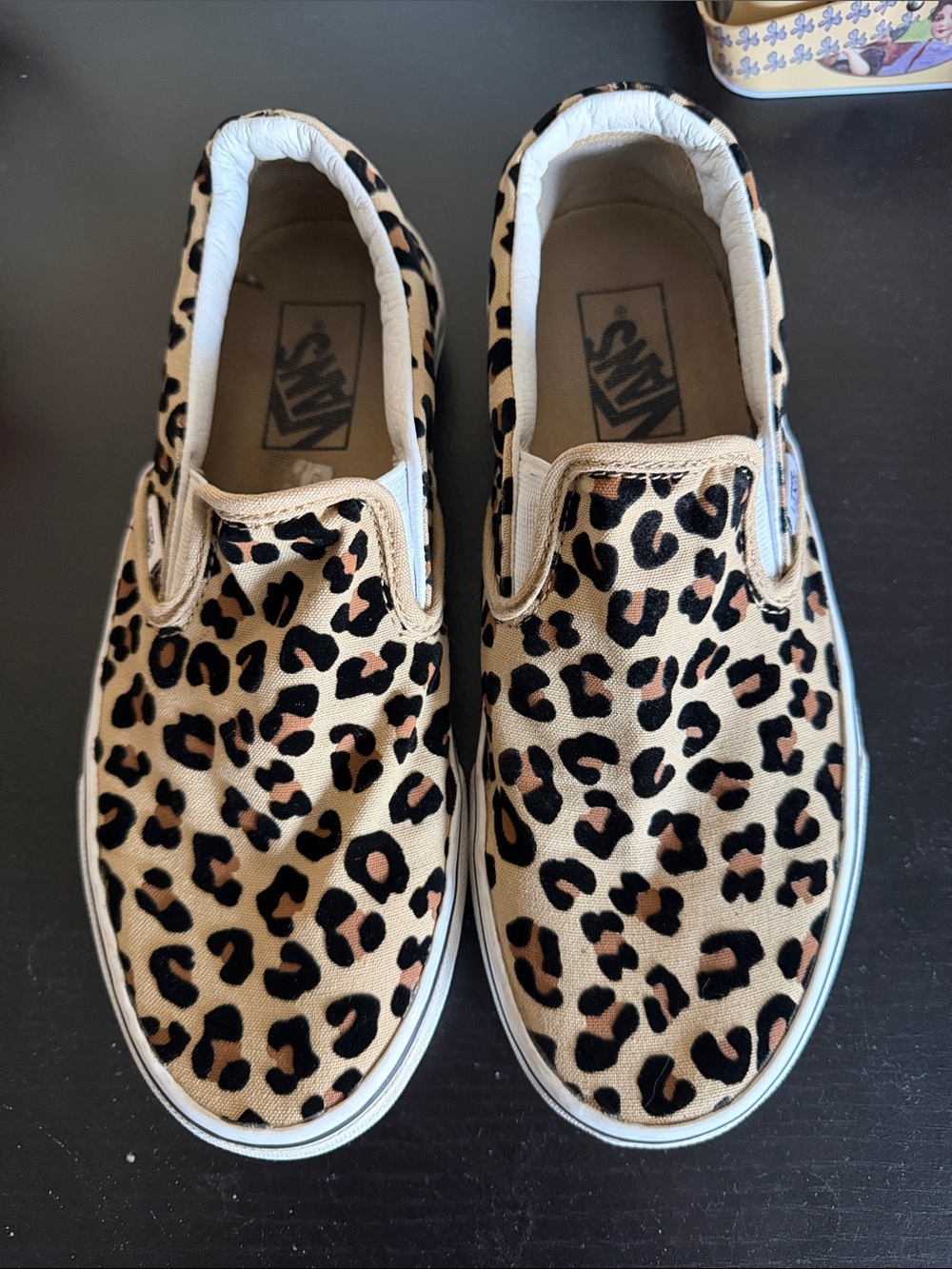 Vans Womens Slip-On Sneakers in Leopard Print Tan and Black